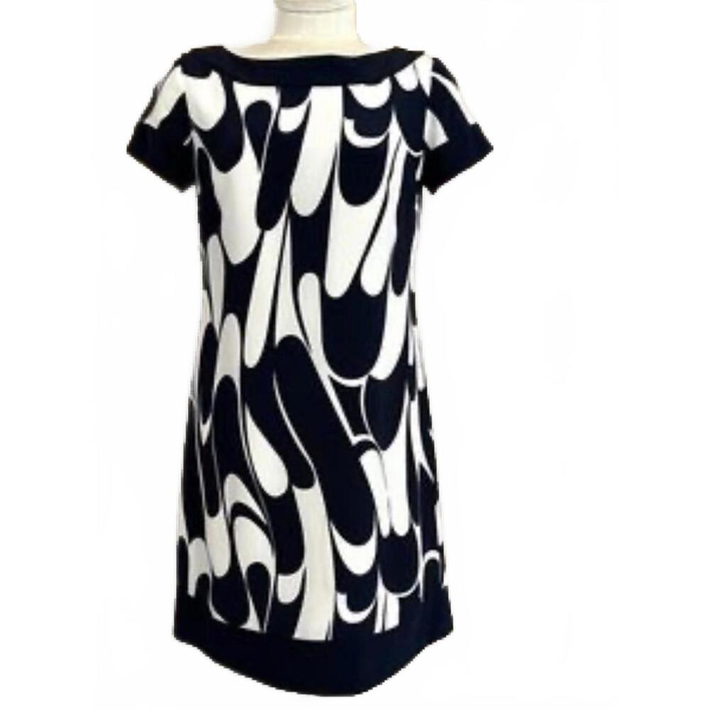 Ann Taylor Navy Blue&White Silk Geometric Print Mod Dress size 0